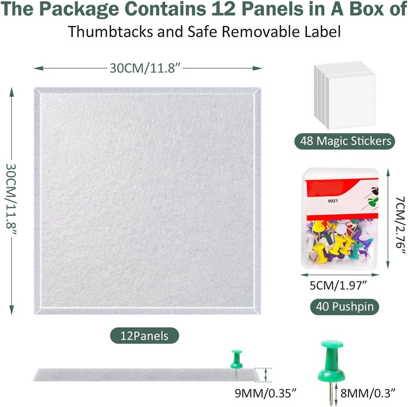 ZHIDIAN Felt Wall Tiles Bulletin Board with Removable Adhesive, 47"x35" White Cork Board Alternative with 40 Push Pins, 12 Pack Large Office Cork Tile Pin Board Felt Squares for Walls - Image 2